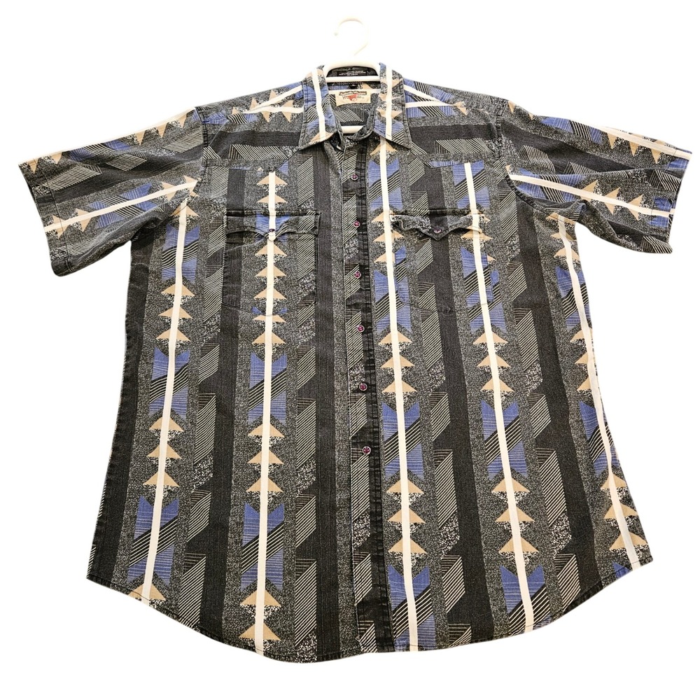 Youngbloods Authentic‎ Western Shirt Mens XL Geometric Aztec Snap Blue Black